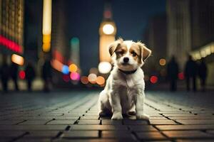 a puppy sitting on the ground in front of a city. AI-Generated photo