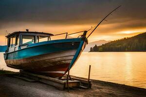 a boat sits on the shore at sunset. AI-Generated photo