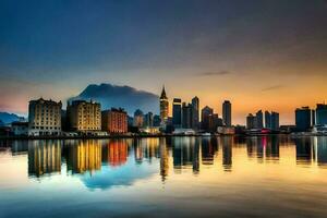 el ciudad horizonte es reflejado en el agua a puesta de sol. generado por ai foto