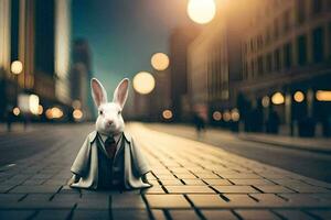 a rabbit dressed in a suit and tie sits on the street. AI-Generated photo