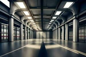 an empty warehouse with a large open door. AI-Generated photo