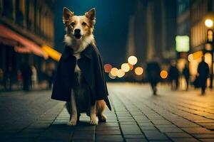 a dog in a coat standing on a street at night. AI-Generated photo