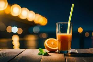 glass of orange juice on wooden table with bokeh in the background. AI-Generated photo