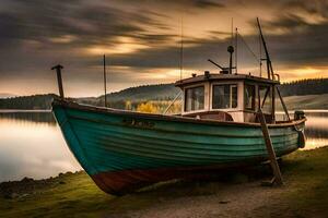 a boat sits on the shore of a lake. AI-Generated photo