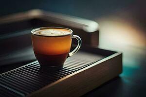 a coffee cup sitting on a tray with a dark background. AI-Generated photo