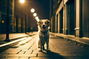 a dog standing on a street at night. AI-Generated photo