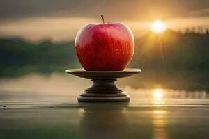 an apple sits on top of a wooden stand in front of a lake. AI-Generated photo