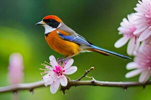 a colorful bird sits on a branch with pink flowers. AI-Generated photo