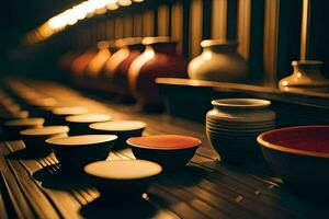 a row of bowls and cups sit on a table. AI-Generated photo