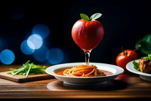spaghetti with tomato sauce and apple on a plate. AI-Generated photo