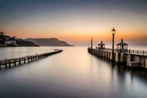 un largo exposición fotografía de un muelle a puesta de sol. generado por ai foto