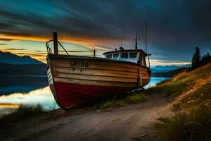 a boat sits on the shore of a lake at sunset. AI-Generated photo