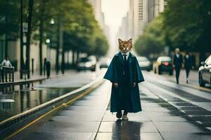 un zorro vistiendo un traje y Corbata caminando abajo un calle. generado por ai foto