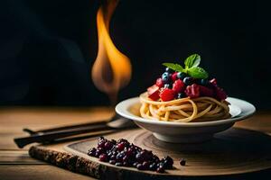 spaghetti with berries and mint on a wooden table. AI-Generated photo