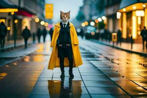 un zorro vistiendo un amarillo Saco y en pie en un mojado calle. generado por ai foto