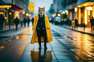 a fox wearing a yellow coat and standing on a wet street. AI-Generated photo