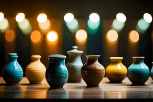 a row of colorful vases sit on a table. AI-Generated photo