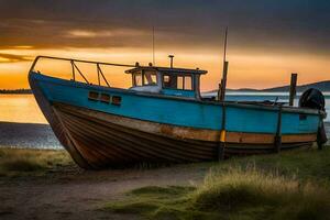 un barco se sienta en el apuntalar a puesta de sol. generado por ai foto