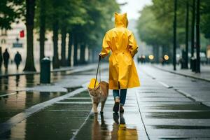 un mujer en un amarillo impermeable caminando su perro en el lluvia. generado por ai foto