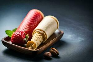 ice cream with strawberries and nuts on a wooden tray. AI-Generated photo