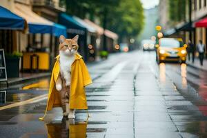 a cat in a raincoat walking down a street. AI-Generated photo