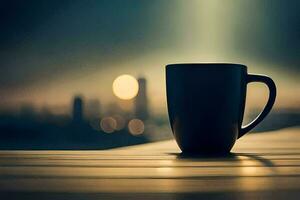 a coffee cup sits on a table in front of a cityscape. AI-Generated photo