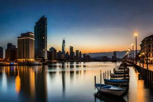 boats are docked in the water at sunset. AI-Generated photo