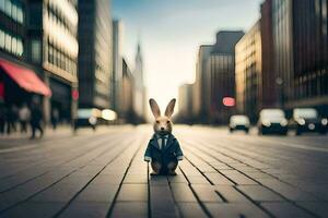 a rabbit in a suit stands on a street. AI-Generated photo