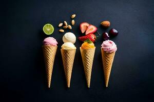 five ice cream cones with different flavors on a black background. AI-Generated photo