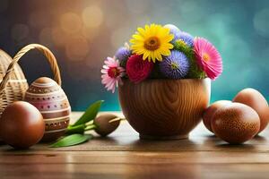 the easter flowers are in a basket and eggs are in a wooden basket. AI-Generated photo
