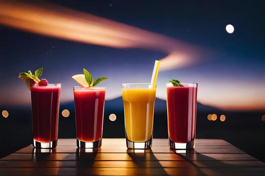four drinks are lined up on a table with a moon in the background. AI-Generated photo