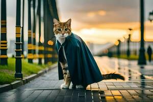 a cat wearing a cape on a rainy day. AI-Generated photo