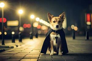 a dog dressed in a cape standing on a street at night. AI-Generated photo