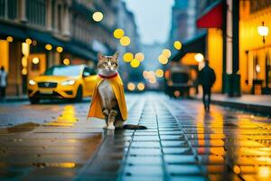 un gato vistiendo un amarillo capa camina abajo un calle a noche. generado por ai foto