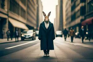 a rabbit wearing a suit and tie standing in the middle of a city street. AI-Generated photo