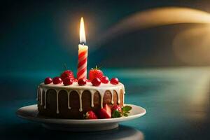 a birthday cake with a lit candle on top. AI-Generated photo