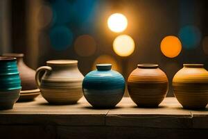 a row of colorful vases on a table. AI-Generated photo