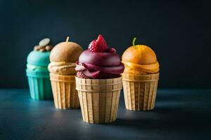 four ice cream cones with different flavors. AI-Generated photo