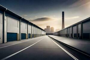 a long empty warehouse with a factory in the background. AI-Generated photo