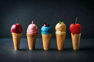 five ice cream cones with different flavors. AI-Generated photo