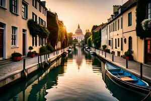 un canal en un ciudad con barcos y edificios generado por ai foto