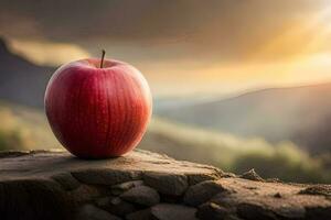 un manzana se sienta en parte superior de un rock en frente de un puesta de sol. generado por ai foto