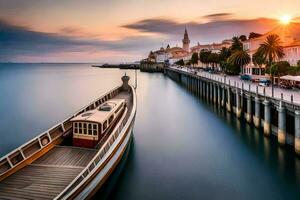 a boat is docked at the end of a pier. AI-Generated photo