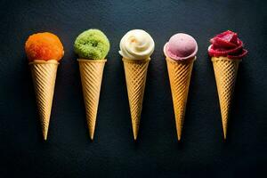 five different ice cream cones are lined up on a black background. AI-Generated photo