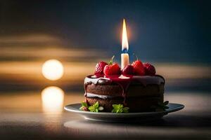 a chocolate cake with a single candle on top. AI-Generated photo