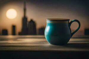 a blue mug on a table in front of a city skyline. AI-Generated photo