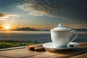 café taza y galletas en el mesa. generado por ai foto