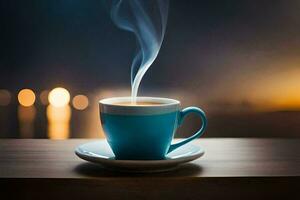 a cup of coffee on a table with a view of the city. AI-Generated photo