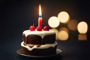 a chocolate cake with a single candle on top. AI-Generated photo