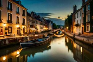 a boat is docked on a canal at dusk. AI-Generated photo